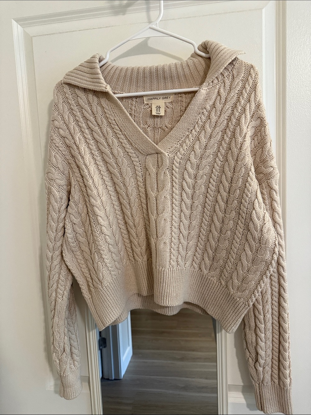 Happily Grey Cream Cable Knit Collared Sweater M